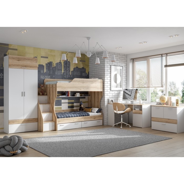 Кровать двухъярусная с лесенкой 800х1800 Геометрия 2, 2258х842х1611, Делано светлый/Белый