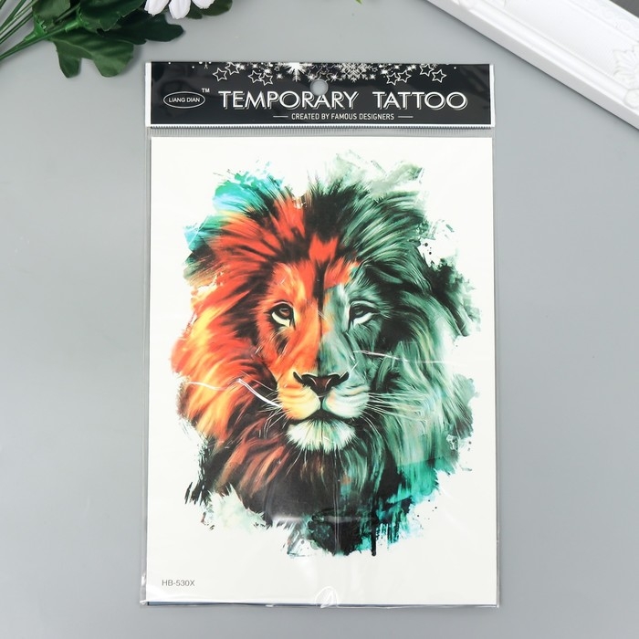 Татуировка на тело чёрная с цветом "Лев" 21х15 см