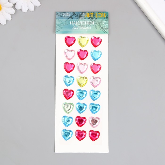 Наклейка пластик стразы "Сердечки" 24 шт на листе МИКС 7,2х17,7 см