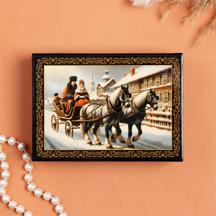 Шкатулка &laquo;Прогулка&raquo;, черная, 10х14 см, лаковая миниатюра