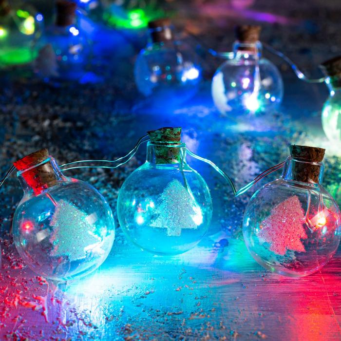 Гирлянда &laquo;Нить&raquo; 1.6 м с насадками &laquo;Шарики с ёлочкой&raquo;, IP20, серебристая нить, 15 LED, батарейки ААх2 (нет в комплекте), свечение мульти