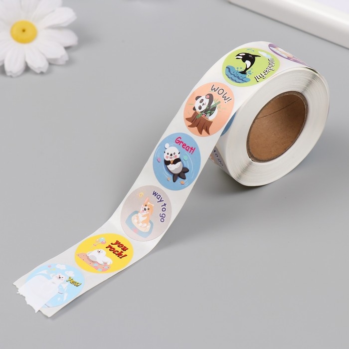 Наклейка бумага Наклейка бумага "Животные. Пожелания" d=2,5 см 500 шт в рулоне 3х6,5х6,5 см