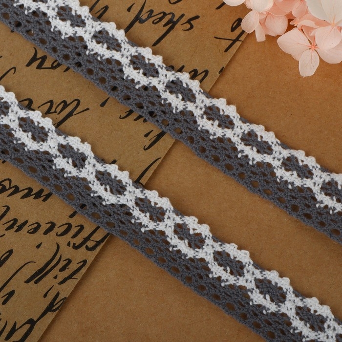 Кружево вязаное, 20 мм &times; 2,7 &plusmn; 0,5 м, цвет белый/серый