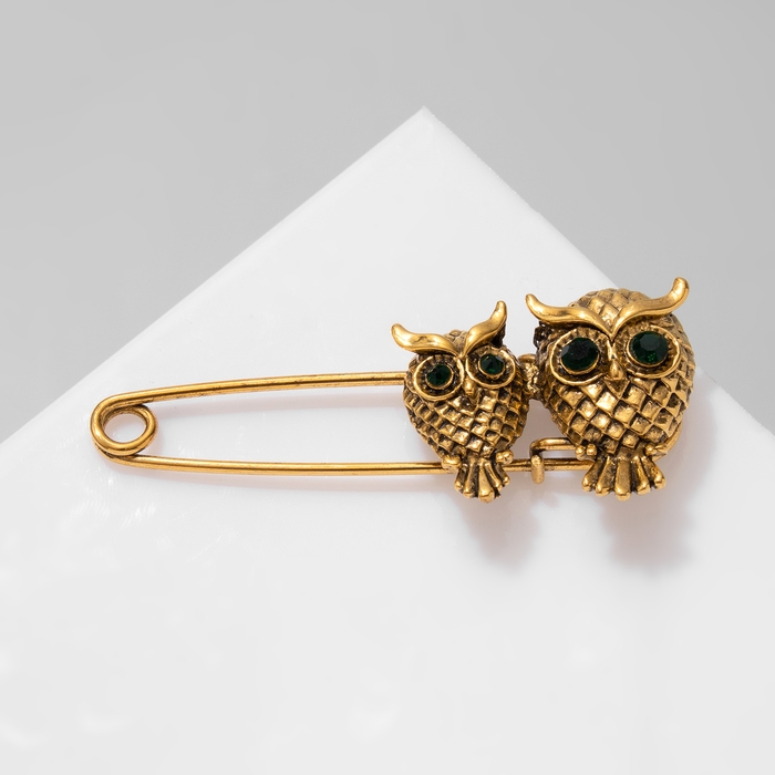 Булавка &laquo;Совы&raquo; пара, 7 см, цвет зелёный в чернёном золоте