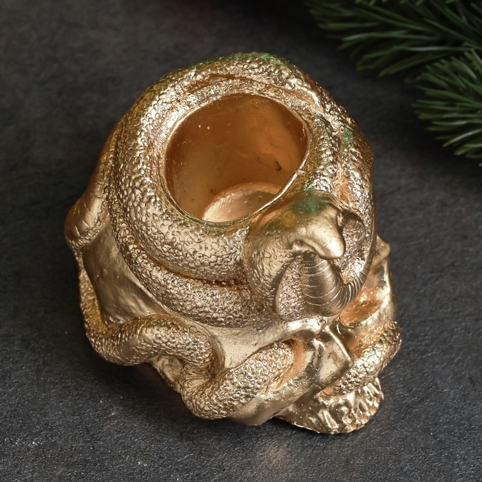 Новый год. Символ 2025. Подсвечник новогодний Новый год. Символ 2025. Подсвечник новогодний "Череп со змеей" 9см, золото