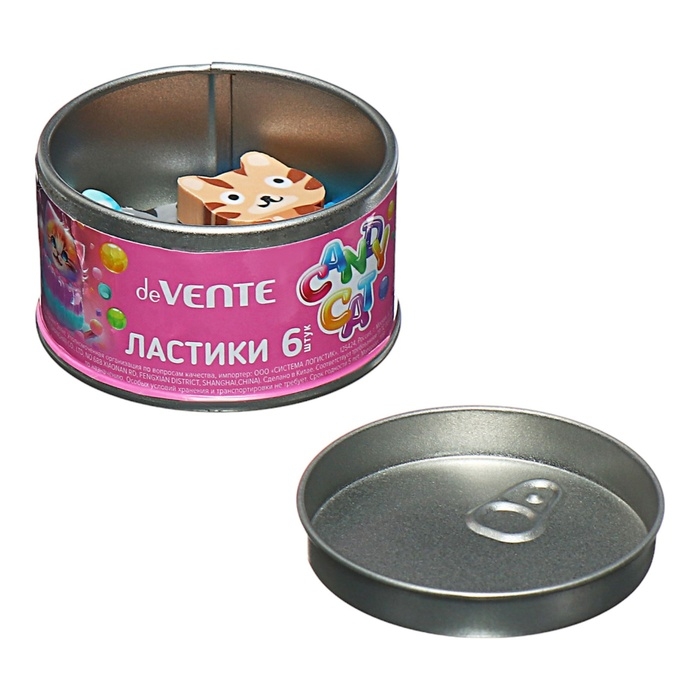 Ластик deVENTE Candy Cat, набор 6 штук, 40х27х7мм и 40х17х5мм, железная банка