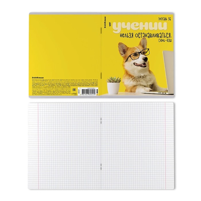 Тетрадь 36 листов в клетку, ErichKrause Тетрадь 36 листов в клетку, ErichKrause "Ученые собаки", обложка мелованный картон, блок офсет 100% белизна, МИКС