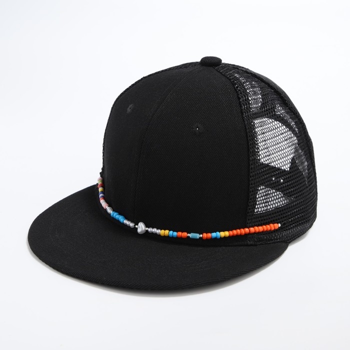 Кепка женская с прямым козырьком «Крутой», цвет чёрный, сетка, р-р 56, с бусами Кепка женская с прямым козырьком «Крутой», цвет чёрный, сетка, р-р 56, с бусами