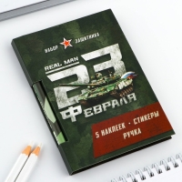 Подарочный набор &laquo;23 февраля&raquo;, блок бумаги 30 л, ручка синяя паста 1.0 мм и 5 шт наклеек