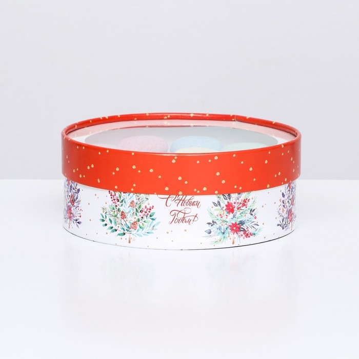 Новый год. Коробка подарочная новогодняя для макарун тубус с окном "Новогодние ёлочки" 21 х 21 х 8 см.