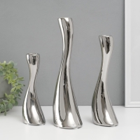 Подсвечник керамика на 1 свечу  "Волна" d=2,5 см, серебро, набор 3 шт h=20, 25 и 30 см