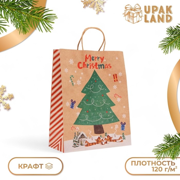 Новый год. Пакет бумажный подарочный новогодний крафт "Новогодняя ёлка", 33 &times; 26 &times; 12 см.