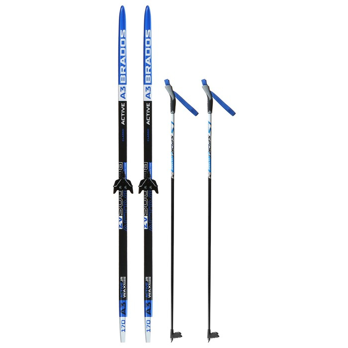 Комплект лыжный: пластиковые лыжи 170 см без насечек, стеклопластиковые палки 130 см, крепления NN75 мм Комплект лыжный: пластиковые лыжи 170 см без насечек, стеклопластиковые палки 130 см, крепления NN75 мм