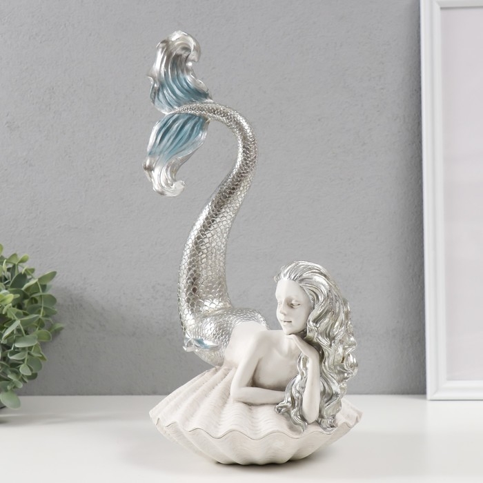 Сувенир полистоун "Русалка на ракушке" белая с серебром 23х16х35,9 см