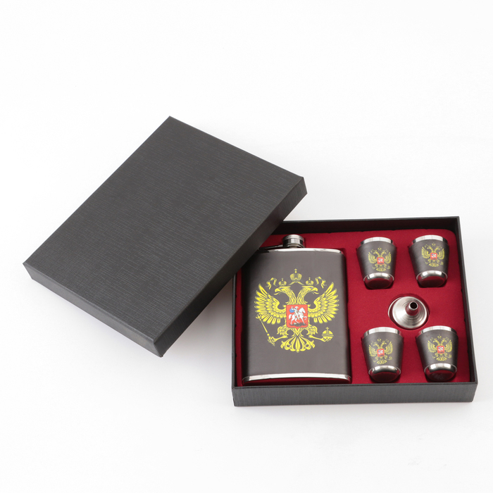 Подарочный набор 6 в 1 "Россия": фляжка 270 мл, воронка, 4 стопки, чёрный, 17 х 23 см