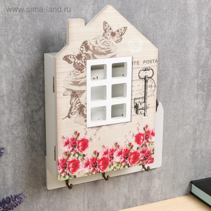 Ключница дерево "Домик с розовым садом" 30х22х6 см