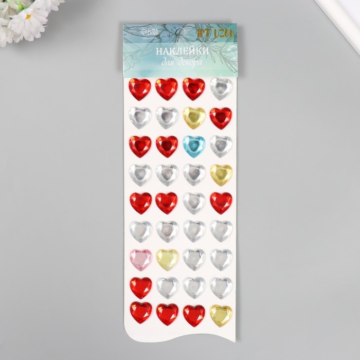 Наклейка пластик стразы Наклейка пластик стразы "Сердечки разноцветные кристаллы" МИКС 32х10,5 см