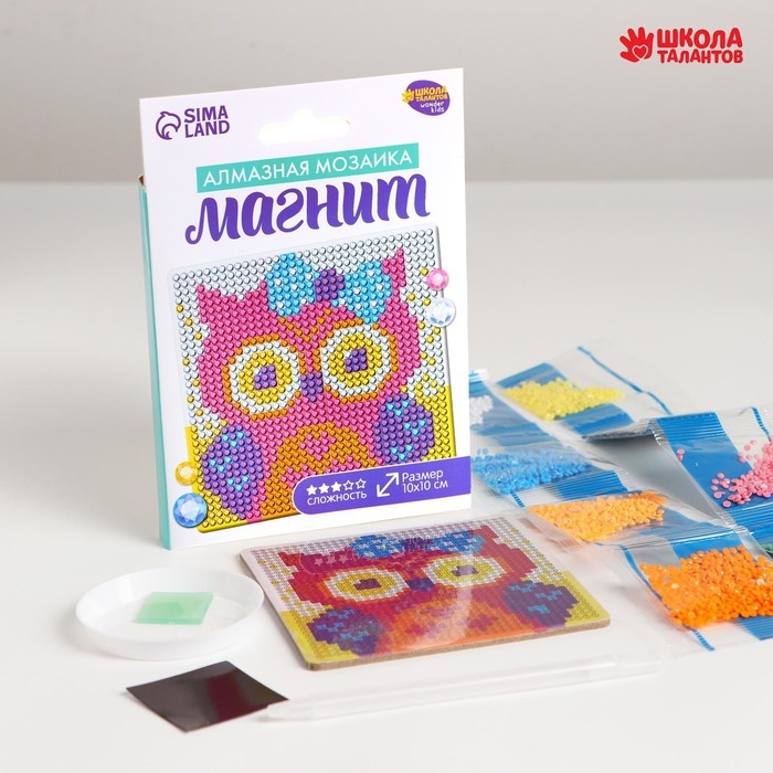 Алмазная мозаика на магните с полным заполнением для детей &laquo;Совушка&raquo;, 10 х 10 см