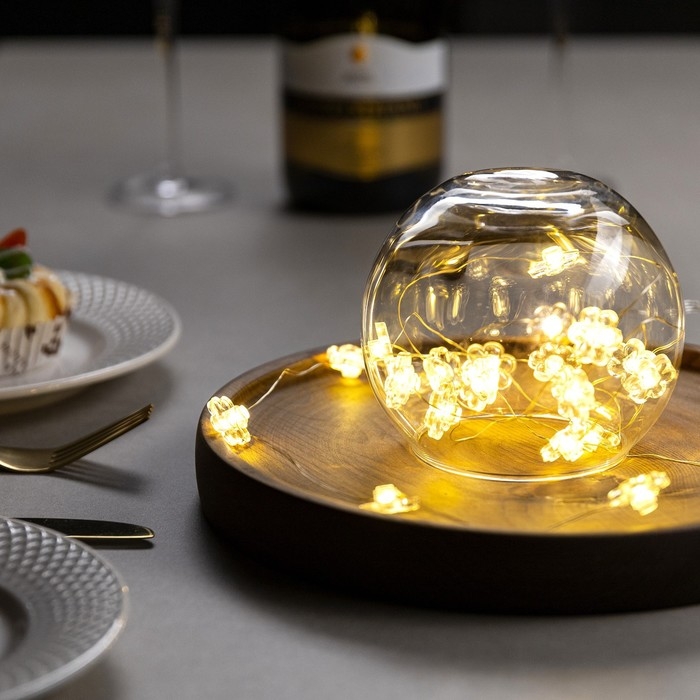 Гирлянда &laquo;Нить&raquo; 2 м роса с насадками &laquo;Цветок&raquo;, IP20, серебристая нить, 20 LED, 2 режима, батарейки ААх2 (нет в комплекте), свечение тёплое белое