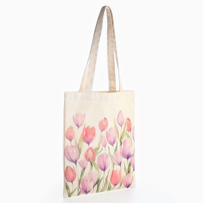 Шопер &laquo;Тюльпаны&raquo; 33,5 х 39,5 см., отдел без молнии, без подклада, белый