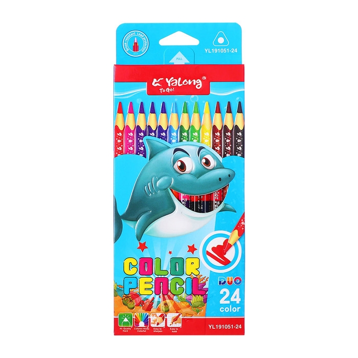 Карандаши 12 штук/24 цвета, в картонной коробке, шестигранные, деревянные, Акула