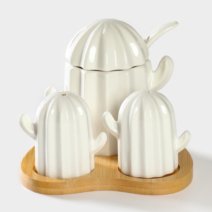 Набор фарфоровый для специй на подставке из бамбука BellaTenero &laquo;Кактусы&raquo;, 12&times;12,5&times;10 см, цвет белый