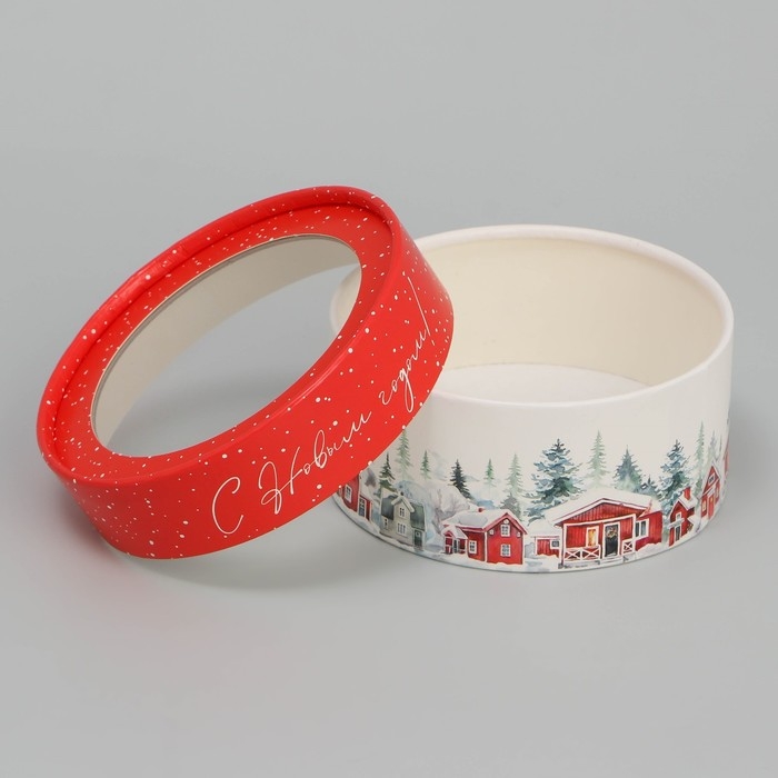 Коробка для макарун тубус с окном &laquo;Зимний город&raquo;, 12 х 12 х 5 см, Новый год