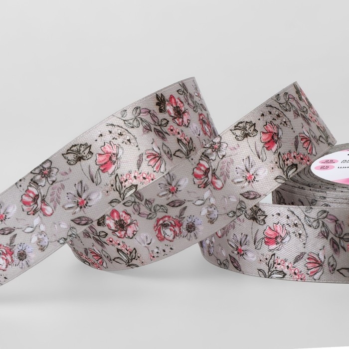 Лента атласная &laquo;Холодные цветы&raquo;, 25 мм &times; 23 &plusmn; 1 м, цвет серый