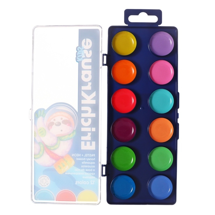 Акварель 12 цветов, ErichKrause Kids Space Animals Neon+Pastel, пластик, европодвес