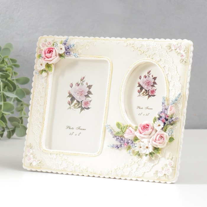 Фоторамка полистоун на 2 фото 6х9, 9х13 см Фоторамка полистоун на 2 фото 6х9, 9х13 см "Кружево и букет с розами" стразы 17,5х21,5 см