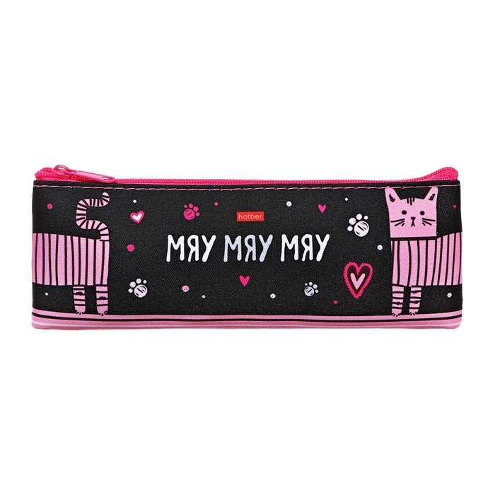 Пенал мягкий, 1 отделение 75 х 195 мм, плоский, Hatber "Усатый-полосатый" чёрный/розовый NPk_64199