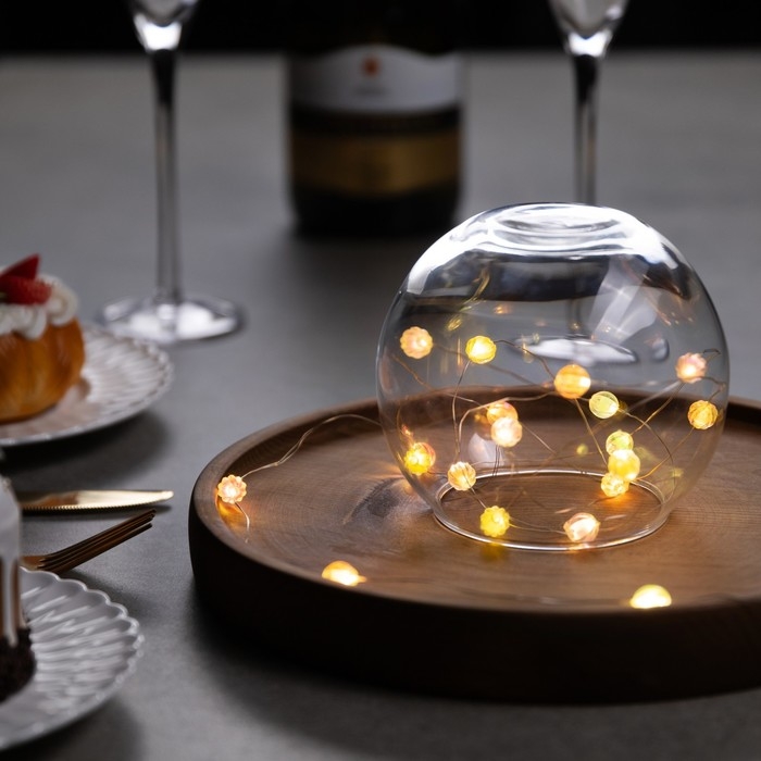 Гирлянда &laquo;Нить&raquo; 2 м роса с насадками &laquo;Шарики&raquo;, IP20, нить серебристая, 20 LED 4.6 В, батарейки AG13x3 (в комплекте), 3 режима, свечение тёплое белое