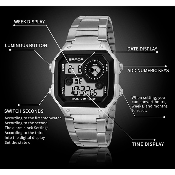 Часы наручные электронные мужские, d-4.4 см, будильник, календарь, ремешок металл, серебро Часы наручные электронные мужские, d-4.4 см, будильник, календарь, ремешок металл, серебро