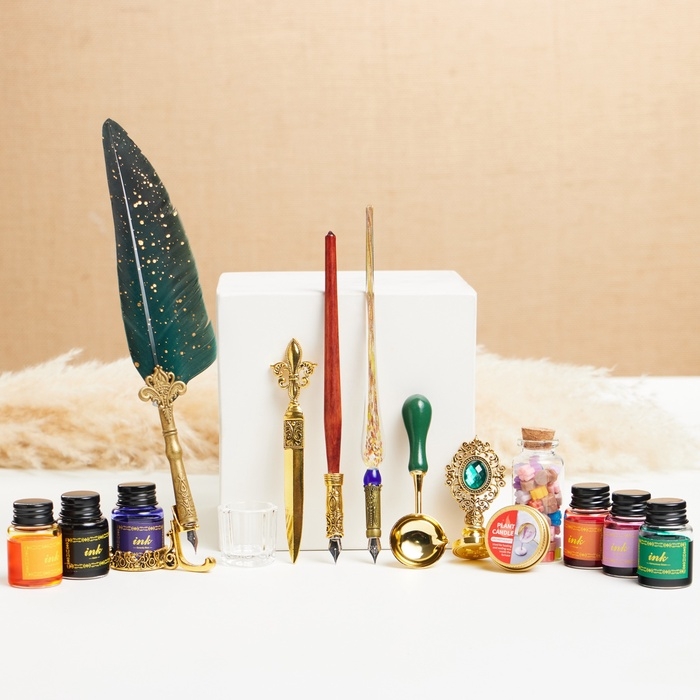 Набор подарочный 14в1 "Зачарованный": 3 перьевые ручки, чернила 6 цветов, печать, воск, нож