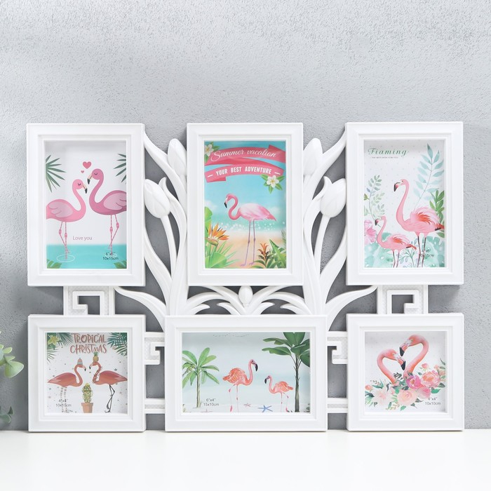 Фоторамка пластик на 6 фото 10х10, 10х15 см Фоторамка пластик на 6 фото 10х10, 10х15 см "Тюльпаны" белая 34х48 см