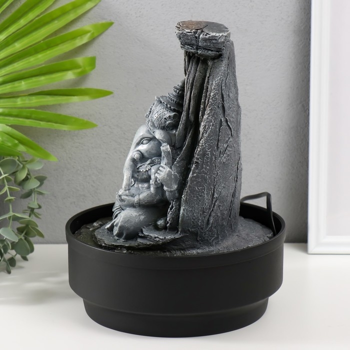 Фонтан настольный от сети, подсветка "Серый Ганеша в каменном гроте" 21х21х28 см