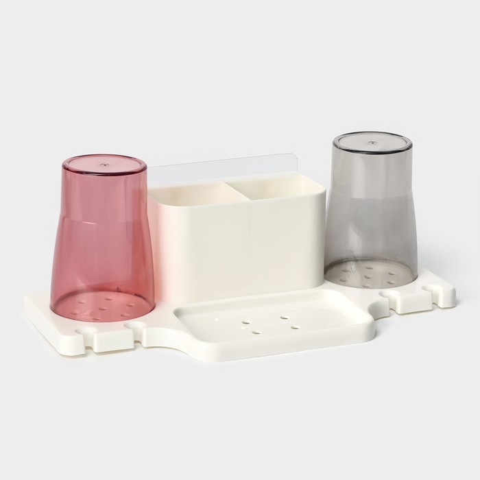 Держатель для зубных щеток настенный, с 2 стаканами на липучках, 31&times;9&times;14 см, цвет белый