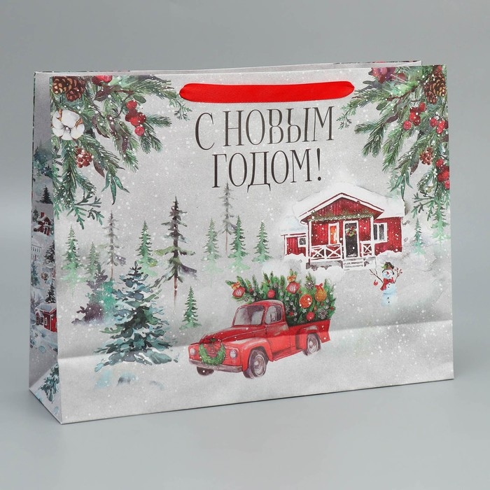 Пакет подарочный новогодний крафтовый горизонтальный &laquo;Новогодняя история&raquo;, L 40 х 31 х 11.5 см, Новый год