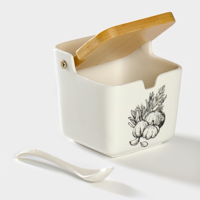 Банка для хранения сыпучих продуктов с ложкой «Эстет. Овощи», 250 мл, с бамбуковой крышкой, фарфоровая, цвет белый Банка для хранения сыпучих продуктов с ложкой «Эстет. Овощи», 250 мл, с бамбуковой крышкой, фарфоровая, цвет белый