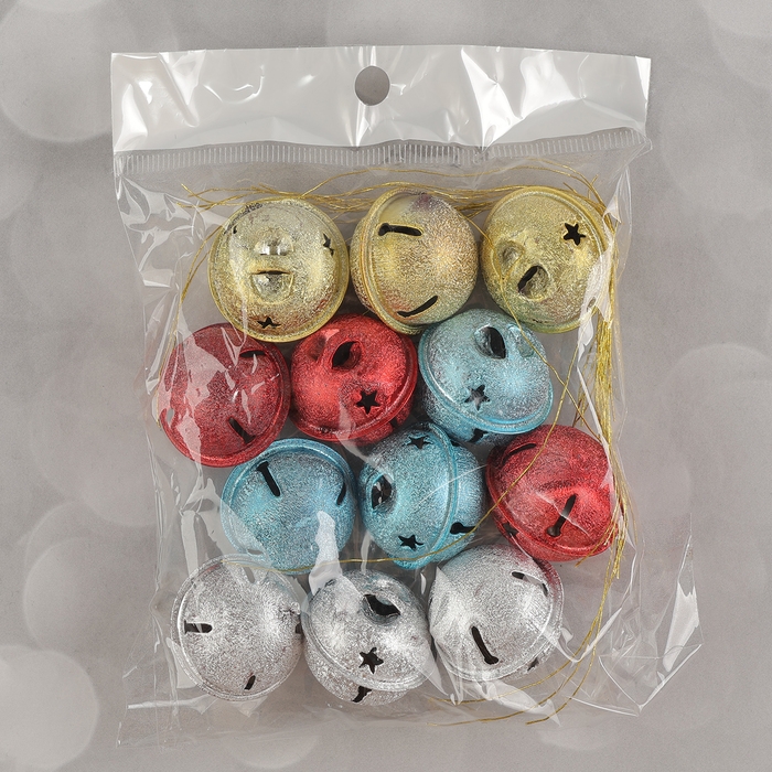 Бубенчики, набор 12 шт., размер 1 шт. — 3 × 3 см, цвет серебряный, золотой, красный, голубой Бубенчики, набор 12 шт., размер 1 шт. — 3 × 3 см, цвет серебряный, золотой, красный, голубой