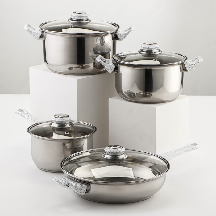 Набор посуды из нержавеющей стали Доляна &laquo;Мрамор&raquo;, 8 предметов: ковш 1,5 л, 2 кастрюли 2/3 л, сковорода d=24 см, крышки, стенки 0,3 мм, дно 5 мм