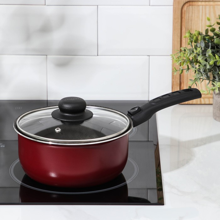 Ковш &laquo;Альфа&raquo; 1,5 л, стеклянная крышка, пластиковая ручка, антипригарное покрытие, цвет красный