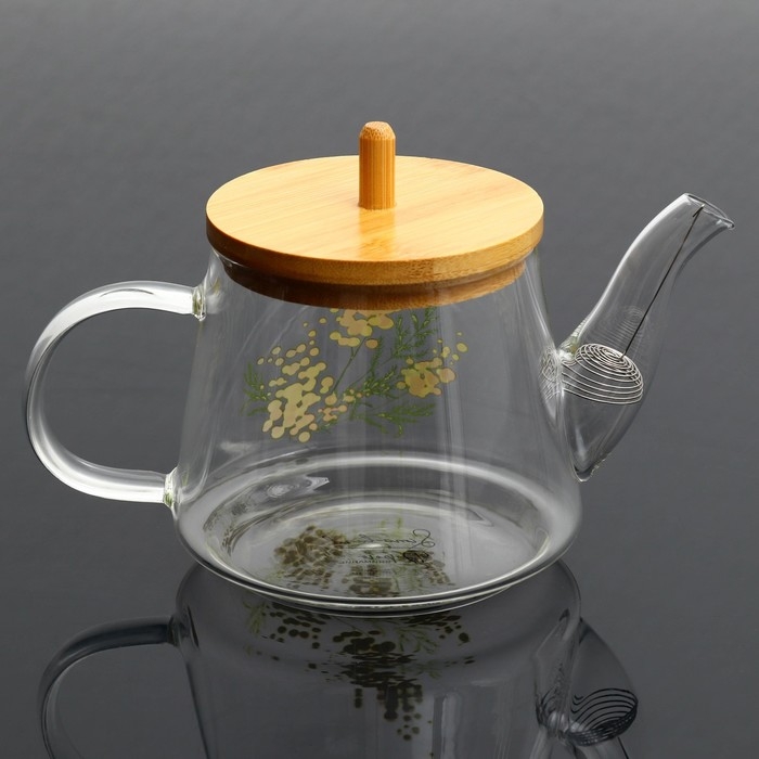 Чайник стеклянный заварочный с бамбуковой крышкой &laquo;Нежная мимоза&raquo;, 600 мл