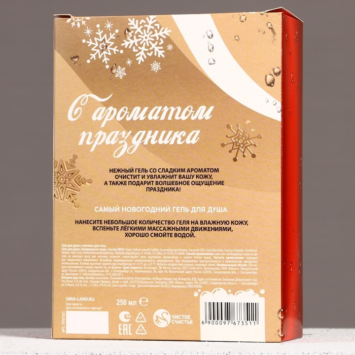 Новогодний подарочный набор косметики &laquo;Сияй в Новом Году!&raquo;, гель для душа 250 мл и мочалка для тела, ЧИСТОЕ СЧАСТЬЕ