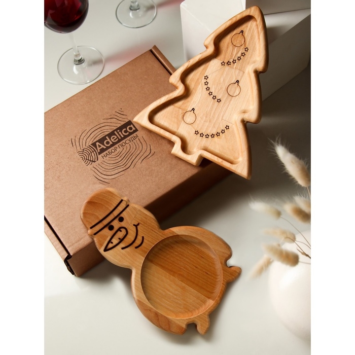 Подарочный набор посуды Adelica &laquo;С Новым годом&raquo;, менажницы деревянные: снеговик 25&times;14 см, ёлка 25&times;20,5 см, магнит, в подарочной коробке