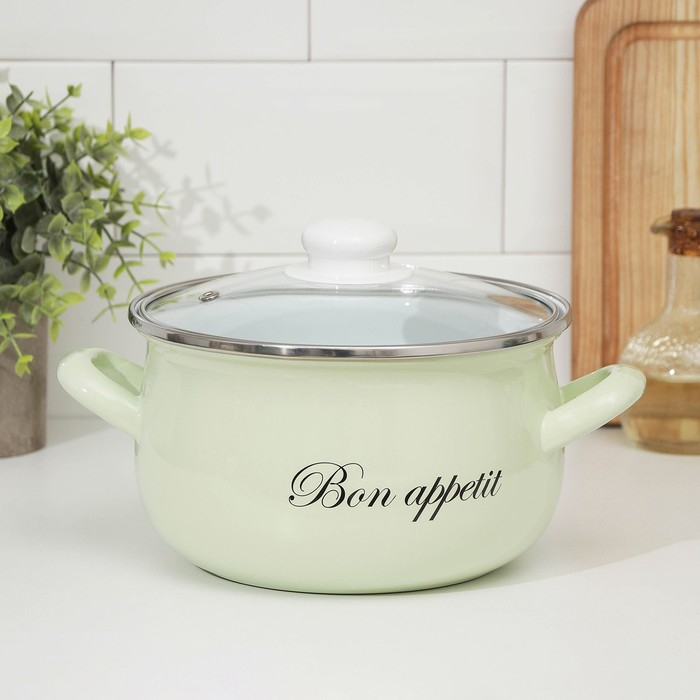 Кастрюля эмалированная «Лайм», 3.1 л, стеклянная крышка, индукция, цвет светло-зелёный Кастрюля эмалированная «Лайм», 3.1 л, стеклянная крышка, индукция, цвет светло-зелёный