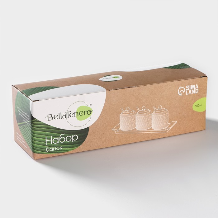 Набор банок фарфоровых для сыпучих продуктов на бамбуковой подставке BellaTenero «Тюльпан», 7 предметов: 3 банки 300 мл, 3 ложки, подставка, керамические, цвет белый Набор банок фарфоровых для сыпучих продуктов на бамбуковой подставке BellaTenero «Тюльпан», 7 предметов: 3 банки 300 мл, 3 ложки, подставка, керамические, цвет белый