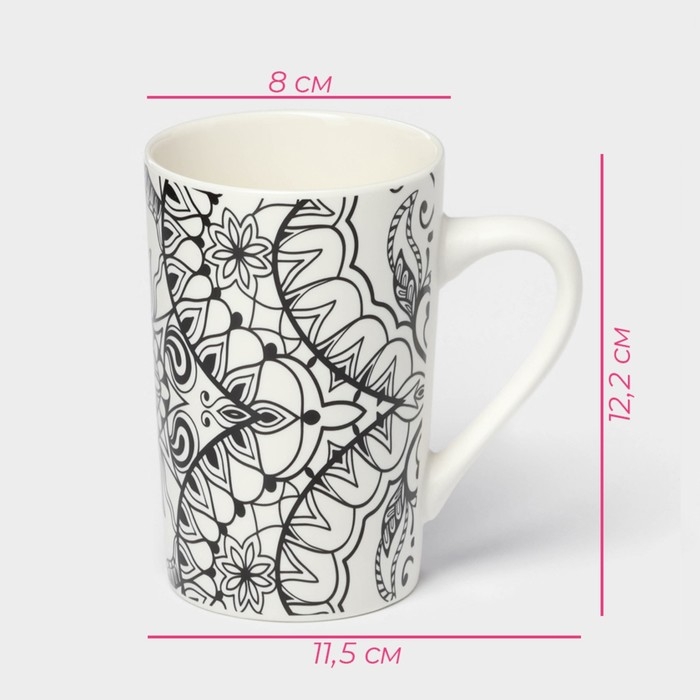 Кружка фарфоровая Доляна &laquo;Мандала&raquo;, 380 мл, чёрный узор