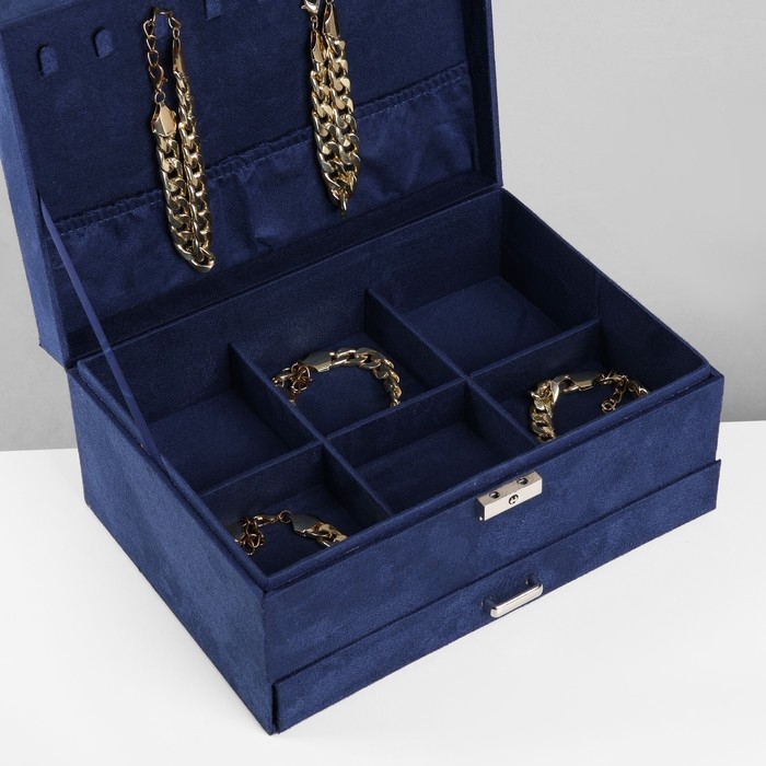 Подставка для украшений &laquo;Шкатулка&raquo; 2-х уровневая, флок, 24,5&times;17&times;12 см, цвет синий