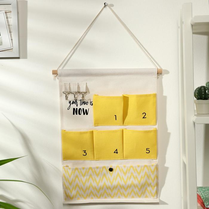 Органайзер подвесной с карманами Доляна «Время», 6 отделений, 49×35 см, цвет жёлтый Органайзер подвесной с карманами Доляна «Время», 6 отделений, 49×35 см, цвет жёлтый